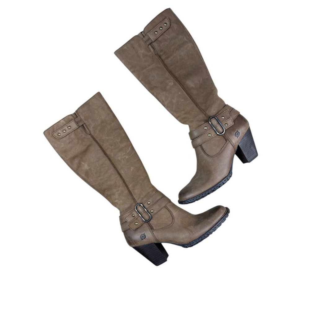 Born Taro Brown Leather Knee High Boots Women's Size 6.5 M Block Heel Buckle 6.5